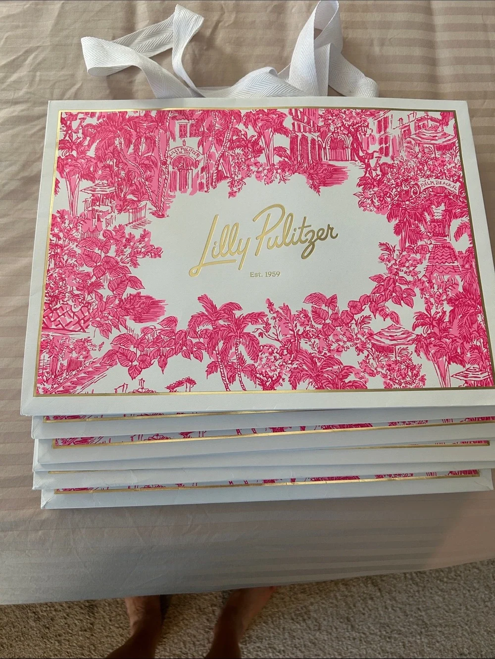 Lilly Pulitzer Pink and White Toile Gift Bag with Gold Logo Set of 6 medium bags